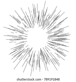 Sun burst, star burst sunshine. Radiating from the center of thin beams, lines. Vector illustration. Icon black on white. Design element for logo. Dynamic style. Abstract explosion, speed motion