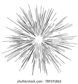 Sun burst, star burst sunshine. Radiating from the center of thin beams, lines. Vector illustration. Icon black on white. Design element for logo. Dynamic style. Abstract explosion, speed motion 