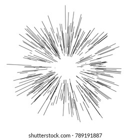 Sun burst, star burst sunshine. Radiating from the center of thin beams, lines. Vector illustration. Icon black on white. Design element for logo. Dynamic style. Abstract explosion, speed motion