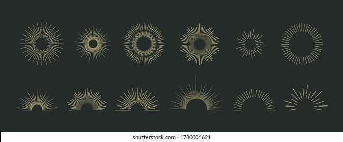 Sun burst vector icons set. Vintage sunburst logo on dark background. Starburst ray or firework design elements. Comic decoration with hand drawn sunshine beams. Diamond emblem