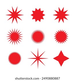 Sun bursting set in red color. Vector. Starburst