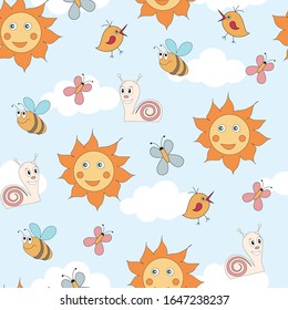 Sun, butterflies, bees and snails. Seamless pattern for children. Vector flat image.
