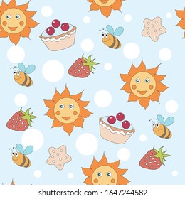 Sun, butterflies, bees and snails. Seamless pattern with sweets for children. Vector flat image.
