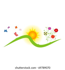 Sun, butterflies and flowers over the horizon