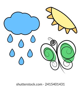 Sun, butterfly and cloud with drops in trendy marker colors. Ser of 3 stylized design elements