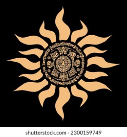 The sun, calendar signs and letters of the alphabet of ancient Mayan civilizations.
The Mayan alphabet. Ancient signs of America on a black background.
