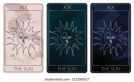 The Sun. A card of Major arcana one line drawing tarot cards. Tarot deck. Vector linear hand drawn illustration with occult, mystical and esoteric symbols. 3 colors. Proposional to 2,75x4,75 in.