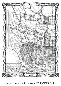 Sun card from the oracle Old Marine Lenormand deck with ship and dawn.  Nautical vintage background, coloring book page, t-shirt and tattoo vector graphic, pirate adventures concept. 