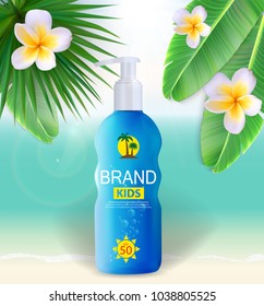 Sun Care Cream Bottle, Tube Template for Ads or Magazine Background. 3D Realistic Vector Iillustration. EPS10