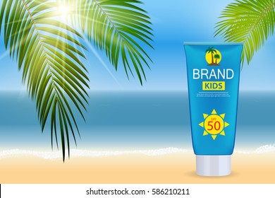 Sun Care Cream Bottle, Tube Template for Ads or Magazine Background. 3D Realistic Vector Iillustration. EPS10