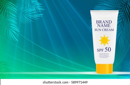 Sun Care Cream Bottle, Tube Template for Ads or Magazine Background. 3D Realistic Vector Iillustration. EPS10