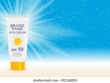 Sun Care Cream Bottle, Tube Template for Ads or Magazine Background. 3D Realistic Vector Iillustration. EPS10