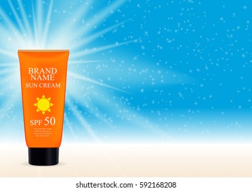 Sun Care Cream Bottle, Tube Template for Ads or Magazine Background. 3D Realistic Vector Iillustration. EPS10