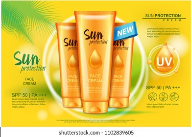 Sun care cream cosmetic tube, sun protection products. 3D illustration for magazine, ads template. Vector mock up for your design