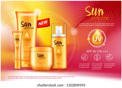 Sun care cream tube,bottle, spray. Sun protection cosmetic products. Vector 3D illustration for your design