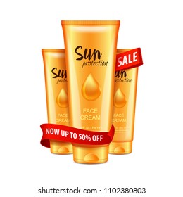 Sun care cream tubes, sun protection cosmetic products. Sale design template. 3D illustration. Vector mock up for your design