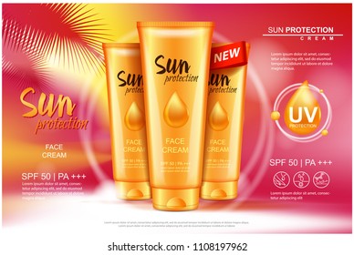 Sun care cream tubes, sun protection cosmetic products. Vector 3D illustration for magazine, ads template. Mock up for your design