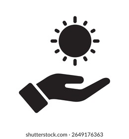 Sun care icon with hand holding the sun a symbol for solar energy and environmental protection or skin safety during summer sun exposure vector solid glyph icon