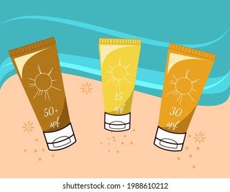 Sun care and sun protect cosmetic products on the beach with sea and waves concept
