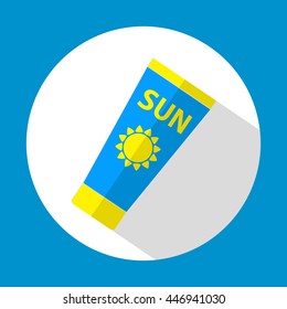 Sun Care. Sun Protection. Sunscreen tube flat icon blue and yellow color with long shadow. Flat design style. Vector illustration. EPS10.