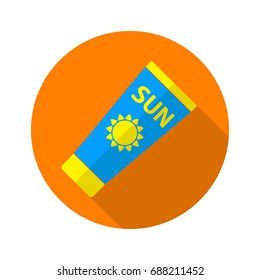 Sun Care. Sun Protection. Sunscreen tube flat icon with long shadow. Flat design style. Vector illustration. EPS10.