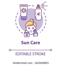 Sun care, sunscreens concept icon. Sun protection, facial skin care, sunblock cosmetics, spray and cream idea thin line illustration. Vector isolated outline RGB color drawing. Editable stroke