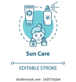 Sun care, sunscreens, sunblock cosmetics concept icon. Sun protection, skin care, facial spray and cream idea thin line illustration. Vector isolated outline RGB color drawing. Editable stroke