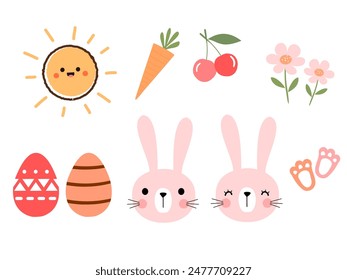 Sun cartoon, carrot, cherry, flower, Easter egg, bunny rabbit and foot prints icon sign isolated on white background vector. 