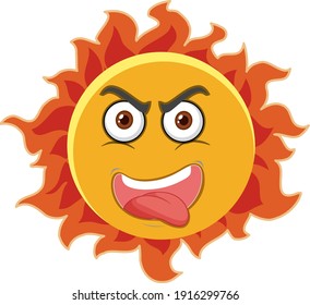 Sun cartoon character with angry face expression on white background illustration