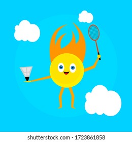 sun cartoon character in a blue sky with white fluffy clouds he is holding a racket and a shuttlecock in his hands the concept of outdoor activities and sports a symbol of warmth and summer