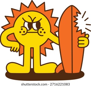 A sun cartoon character with broken surfboard