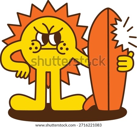 A sun cartoon character with broken surfboard