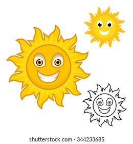 Sun Cartoon Character Include with Flat Design and Outlined Version Vector Illustration 