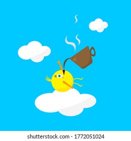 el personaje de sun caricatura está tendido en una nube esponjosa y su pulgar se levanta como un gesto de aprobación vertiendo café aromático sobre él el concepto de una bebida vigorizante popular y buen día