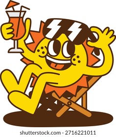 A sun cartoon character lying on a beach chair and holding a glass of drink in hand
