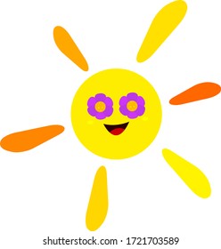 Caricatura de sol con ojos multicolores flores y una sonrisa, símbolo de calor y verano en un fondo blanco