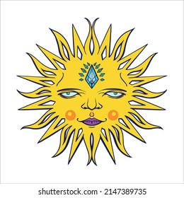 Sun cartoon character with naughty face expression on white background illustration