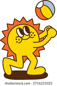 Un personaje de dibujos animados de sol jugando una pelota de playa