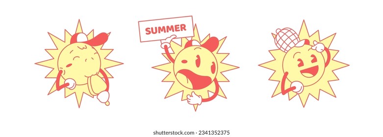 Sun cartoon character set with ice cream summer placard idea retro 30s animation style icon vector flat illustration. Cute sunny comic mascot eating popsicle screaming and smart cheerful emoticon