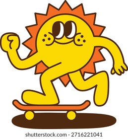 Um personagem de desenho animado do sol patinando em um skate