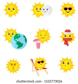 Sun cartoon character in various situations, isolated vector illustration