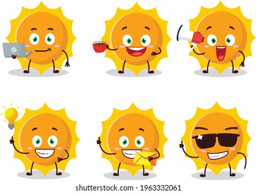 Sun cartoon character with various types of business emoticons