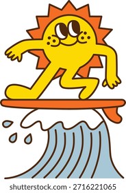 Un personaje de dibujos animados del sol que camina en una tabla de surf en una ola del océano