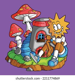 Sun Cartoon Chill In Mushroom Land