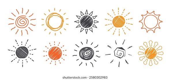 Sun cartoon clipart set. Colorful sun clip art in doodle and drawing symbol vector illustration graphic design collection.
