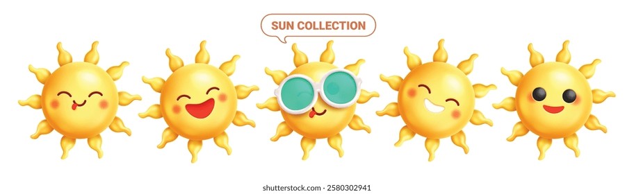 Sun cartoon clipart set. Yellow sun face emoticon clip art with happy and cheerful facial expressions summer collection in white background vector illustration.
