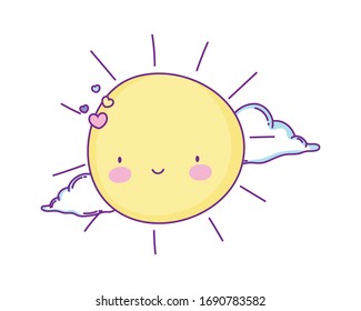 sun cartoon with clouds design, Kawaii expression cute character funny and emoticon theme Vector illustration