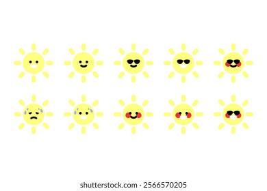 Sun cartoon collection. Happy smiling sun. Sweating sun. Natural, hot, weather, climate, expression concepts. Flat decorative vector design isolated illustration.