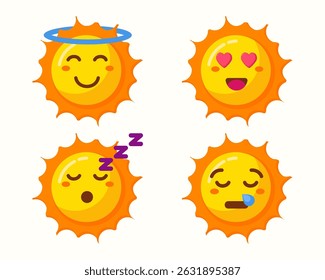 Caricatura de sol com diferentes expressões coleção isolada