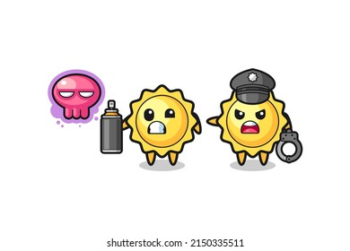 sun cartoon doing vandalism and caught by the police , cute design